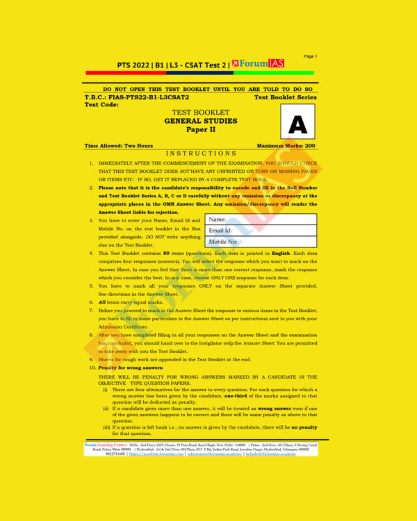 FORUM IAS GENERAL STUDIES 2022 TEST B-1, L-3- CSAT-TEST-2  (BLACK & WHITE)