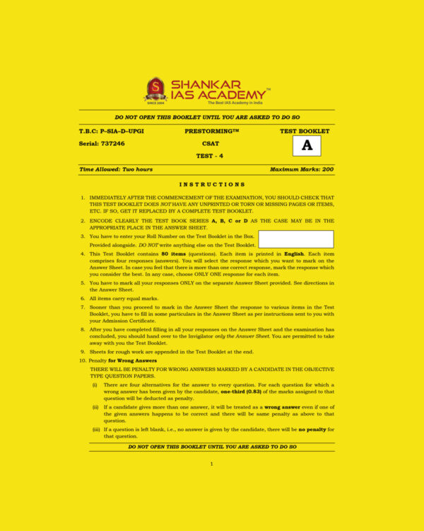 SHANKAR IAS ACADEMY 2022 PRESTORMING CSAT TEST-4 (BLACK & WHITE)