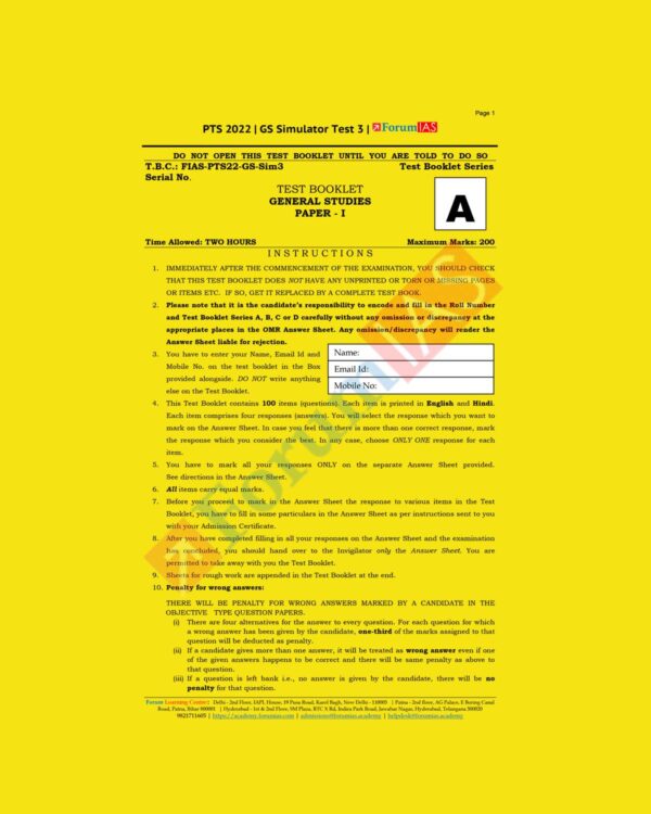 FORUM IAS 2022 SIMULATOR TEST TEST-3 PTS GENERAL STUDIES (BLACK & WHITE)