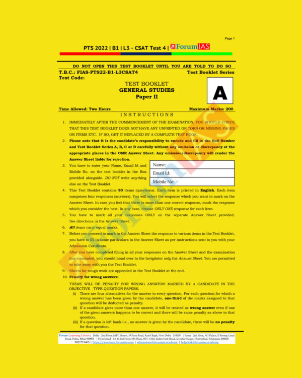 FORUM IAS GENERAL STUDIES 2022 TEST B-1, L-3- CSAT-TEST-4  (BLACK & WHITE)