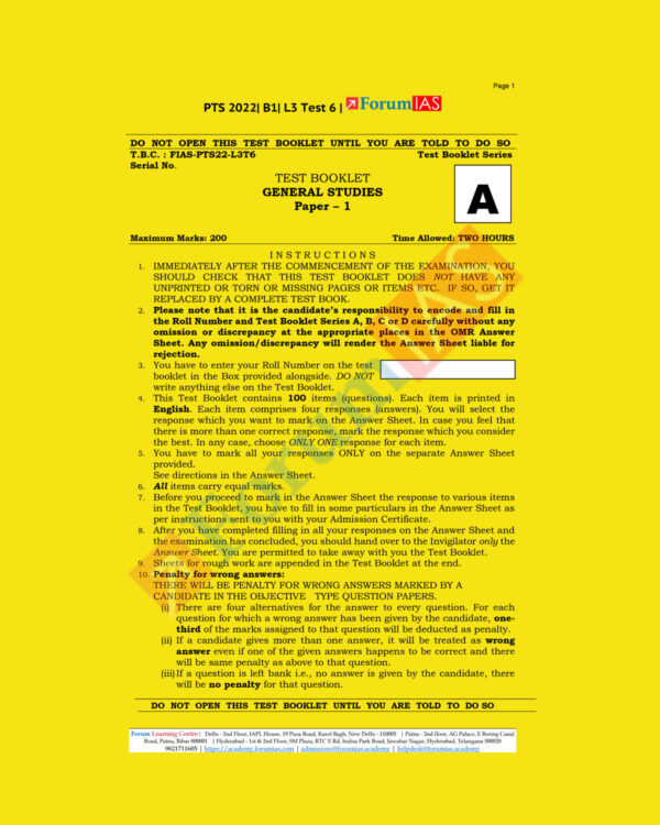 FORUM IAS 2022 PTS GENERAL STUDIES BATCH-1 -B-1, L-3- GS-TEST-6 (BLACK & WHITE)