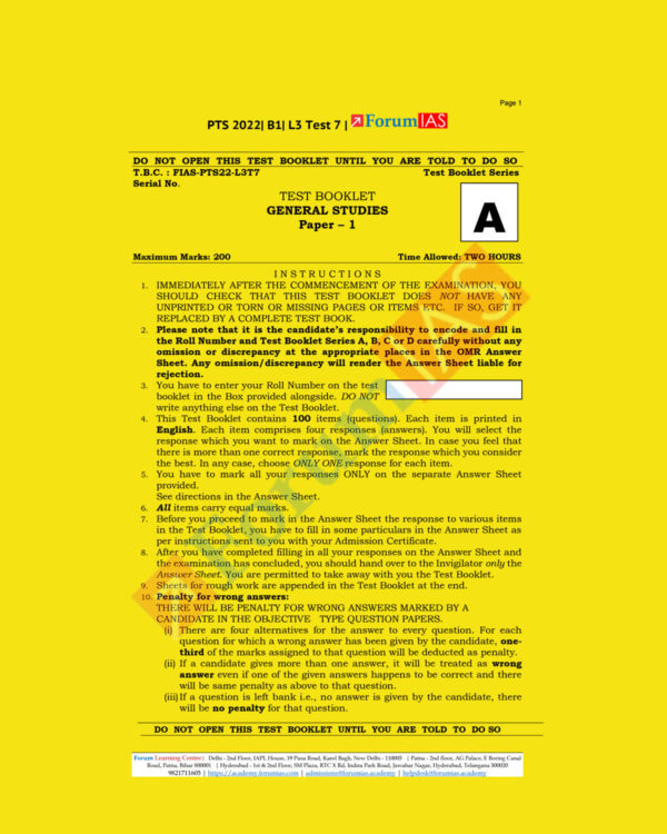 FORUM IAS 2022 PTS GENERAL STUDIES BATCH-1 -B-1, L-3- GS-TEST-7 (BLACK & WHITE)
