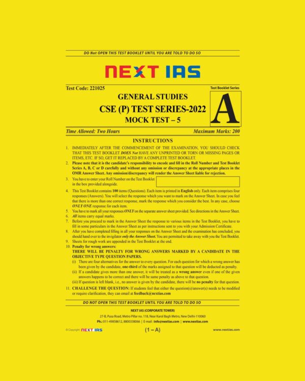 NEXT IAS 2022 TEST-25 TEST CODE-221022) GENERAL STUDIES CSE (P) TEST SERIES (FULL LENGTH TEST) (MOCK TEST-5) (BLACK & WHITE)