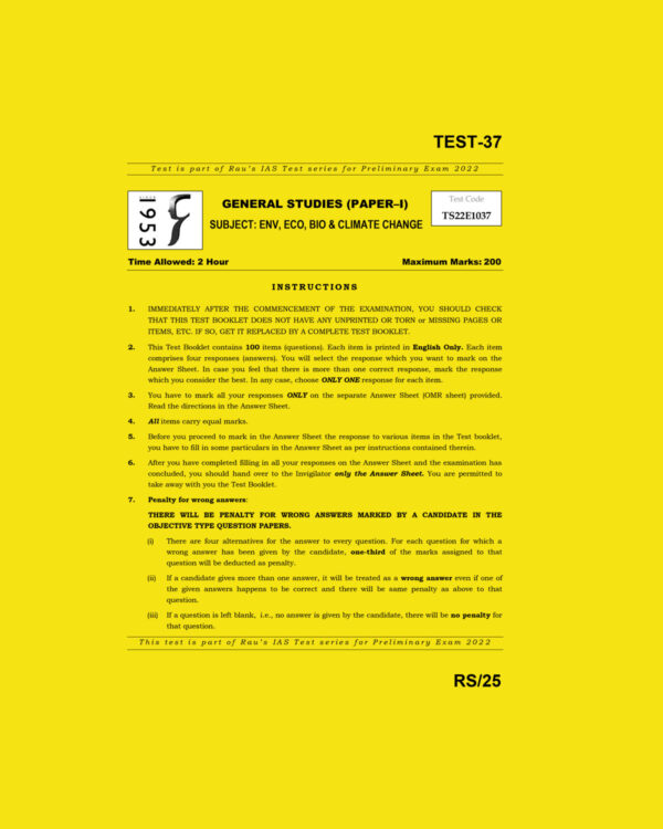 RAU’S IAS 2022 GENERAL STUDIES TEST-37 (ENV, BIO & CLIMATE CHANGE ) (BLACK & WHITE)