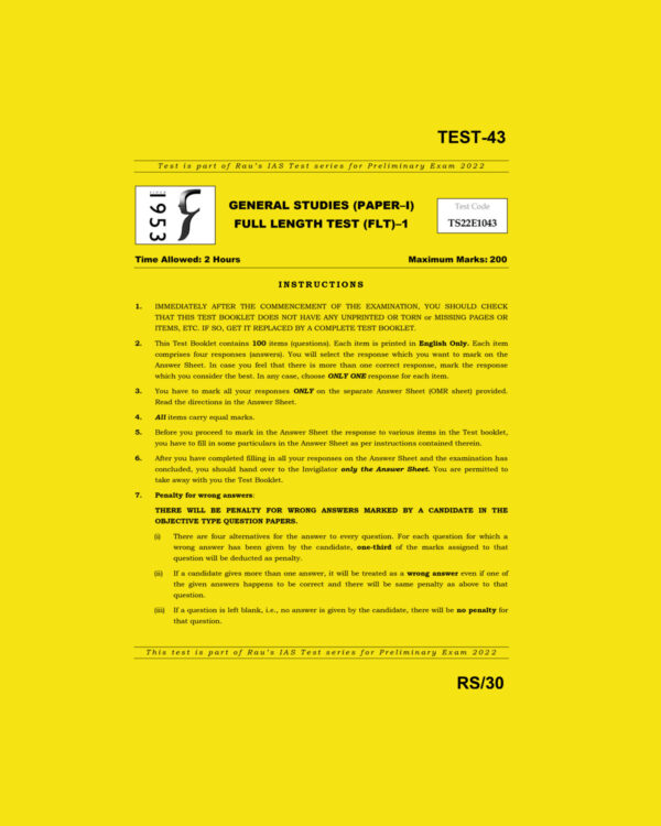 RAU’S IAS 2022 GENERAL STUDIES TEST-43(FULL LENGTH TEST) (BLACK & WHITE)