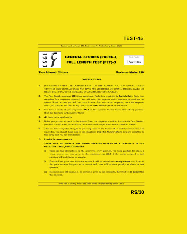 RAU’S IAS 2022 GENERAL STUDIES TEST-45 (FULL LENGTH TEST (BLACK & WHITE)