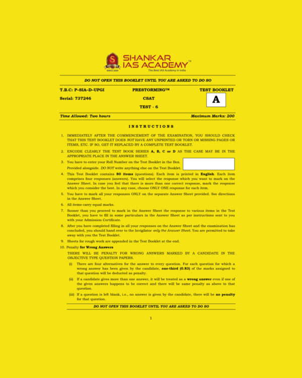 SHANKAR IAS ACADEMY 2022 PRESTORMING CSAT TEST-6 (BLACK & WHITE)