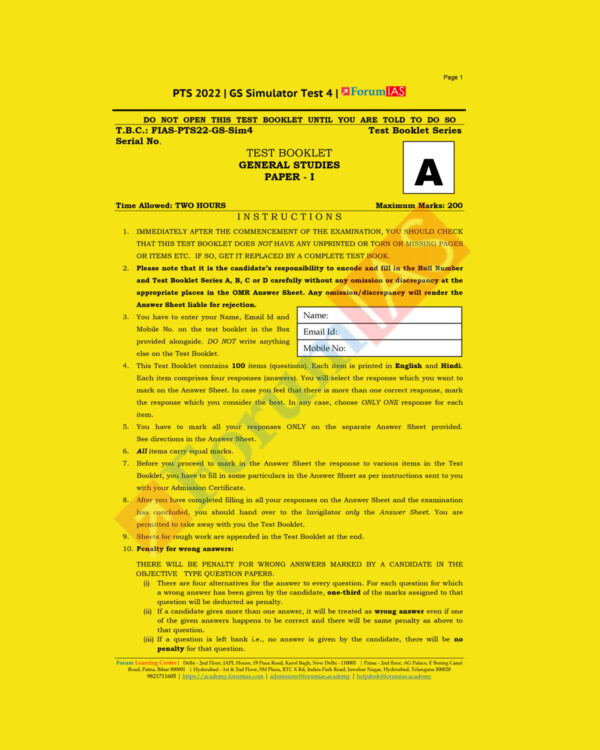 FORUM IAS 2022 SIMULATOR TESTS TEST-4 (PTS GENERAL STUDIES PAPER– I) (BLACK & WHITE)