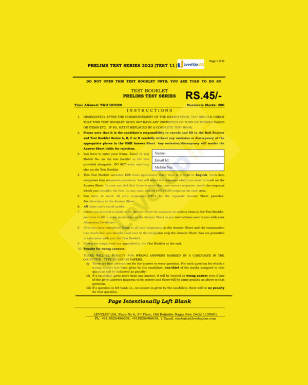 LEVELUP IAS 2022 PRELIMS TEST SERIES TEST-11 (BLACK & WHITE)