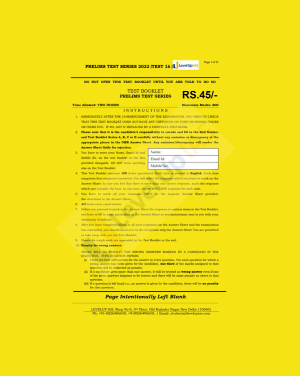 LEVELUP IAS 2022 PRELIMS TEST SERIES TEST-16 (BLACK & WHITE)