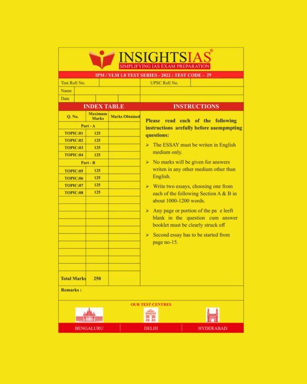 INSIGHTS IAS INSIGHTS ONINDIA 2022 QCA (QUESTION CUM ANSWER BOOKLET) TEST-29 (BLACK & WHITE)