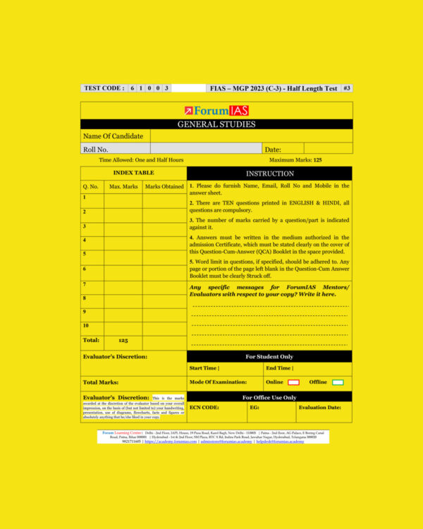 FORUMIAS 2023 MGP COHORT 3 QCA TEST-3 (TESTCODE 61003) (HALF LENGTH) QUESTION CUM ANSWER BOOKLETS (QCA) (BLACK & WHITE)