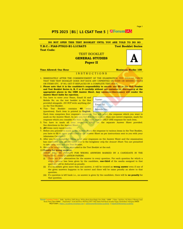 FORUMIAS PTS 2023 TEST-5 (BATCH-1 LEVEL 1) CSAT 2023 (BLACK  & WHITE)