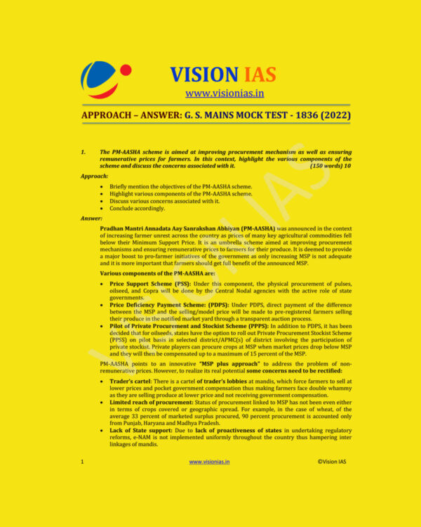 VISION IAS 2022 APPROACH ANSWER GS MAINS MOCK TEST-1836 (2022) MODEL PAPER (BLACK & WHITE)