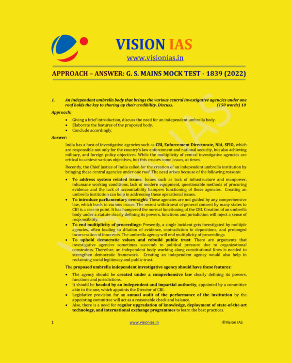 VISIONIAS 2022 APPROACH ANSWER GS MAINS MOCK TEST MODEL ANSWER TEST-1839 (2022) MODEL PAPER (BLACK & WHITE)