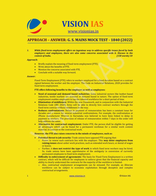 VISIONIAS 2022 MODEL ANSWER TEST-1840 APPROACH ANSWER GS MAINS MOCK (2022) MODEL PAPER (BLACK & WHITE)