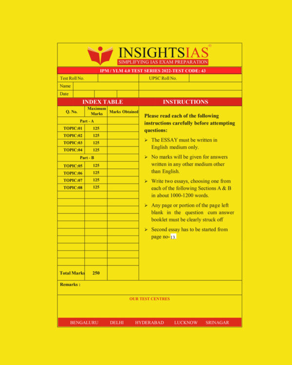 INSIGHTS ONINDIA 2022 QCA TEST-43 QCA (QUESTION CUM ANSWER BOOKLET) (BLACK & WHITE)