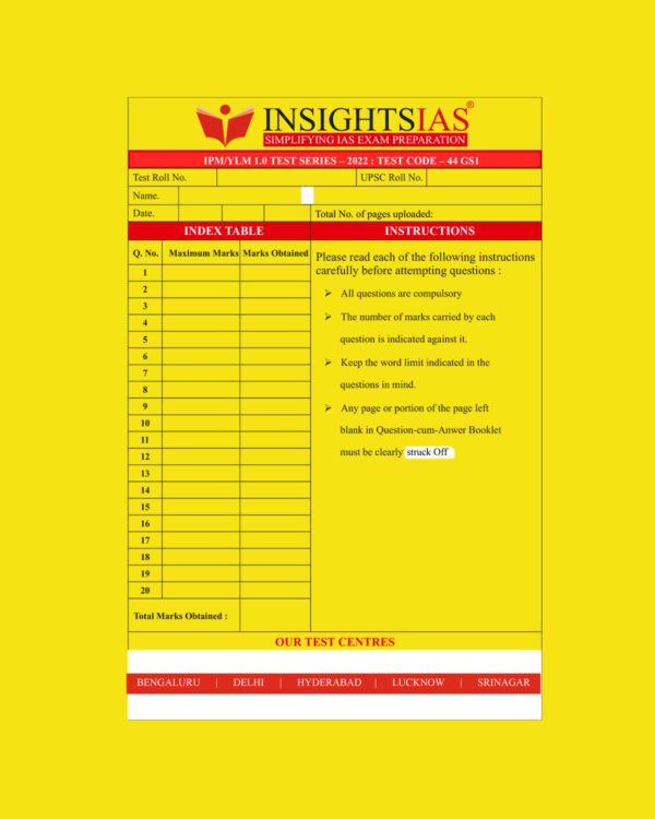 INSIGHTS ONINDIA 2022 QCA TEST-44 GS-1 QCA (QUESTION CUM ANSWER BOOKLET) (BLACK & WHITE)