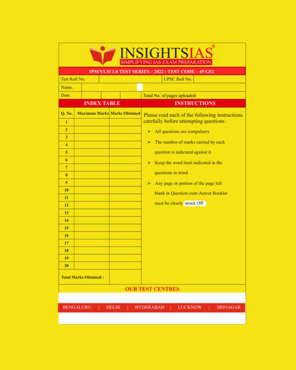 INSIGHTS ONINDIA 2022 QCA TEST-45 (GS2) QCA (QUESTION CUM ANSWER BOOKLET) (BLACK & WHITE)