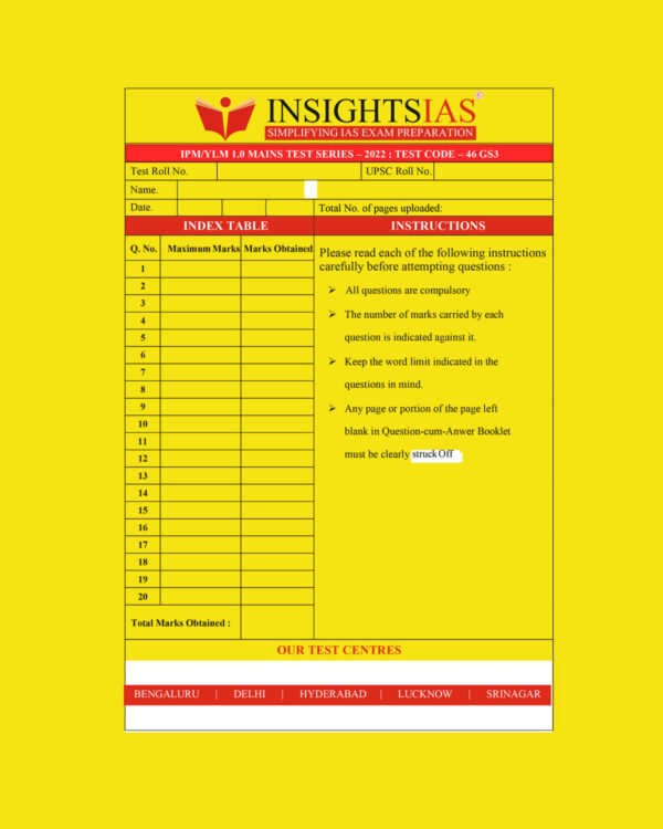 INSIGHTS ONINDIA 2022 QCA TEST-46 (GS3) QCA (QUESTION CUM ANSWER BOOKLET) (BLACK & WHITE)