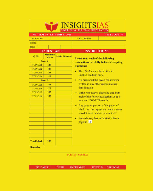 INSIGHTS ONINDIA 2022 QCA TEST-48 QCA (QUESTION CUM ANSWER BOOKLET) (BLACK & WHITE)