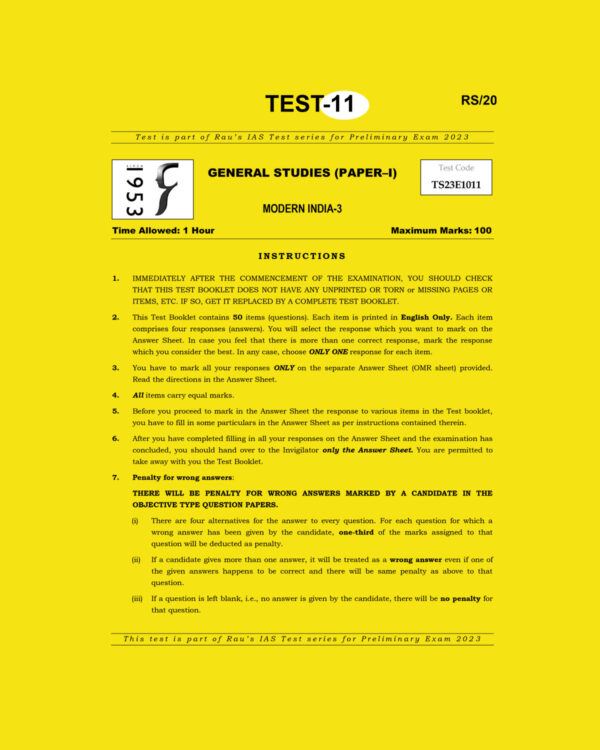 RAU’S IAS 2023 TEST-11 GS PAPER-1 MODERN INDIA -3 2022 (BLACK & WHITE)