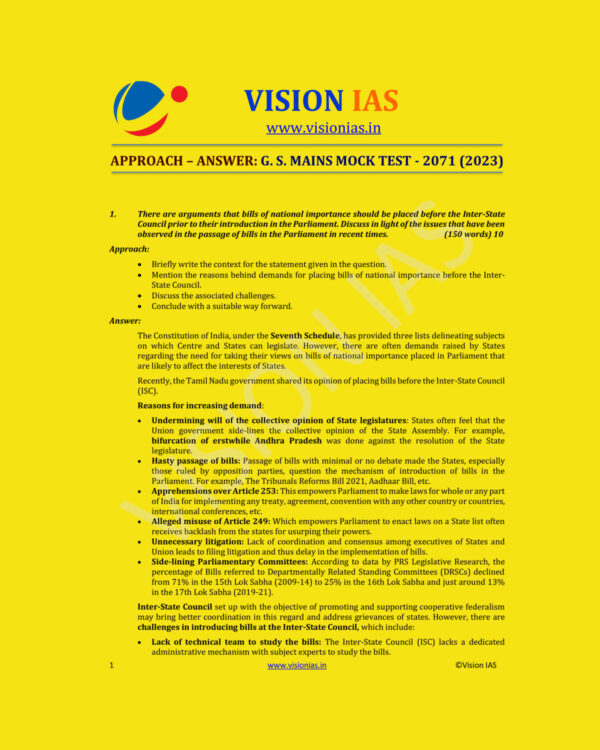VISION IAS 2023 MODEL ANSWER TEST-2071 APPROACH ANSWER GS MAINS MOCK TEST (2023) MODEL ANSWERS (BLACK & WHITE)