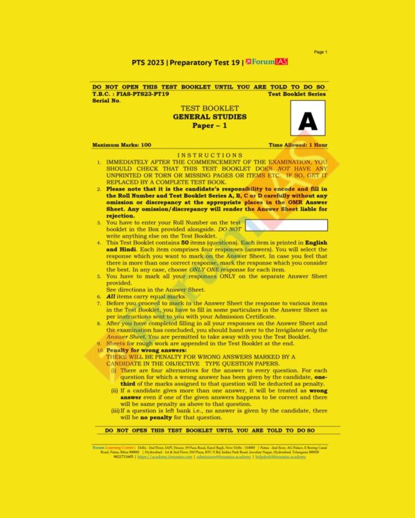 FORUM IAS PTS 2023 BATCH1 PREPARATORY TEST-19 (BLACK & WHITE)