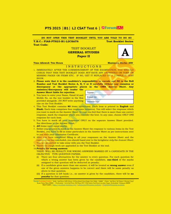 FORUM IAS GS 2023 BATCH-1 LEVEL-2 CSAT TEST-6 (BLACK & WHITE)