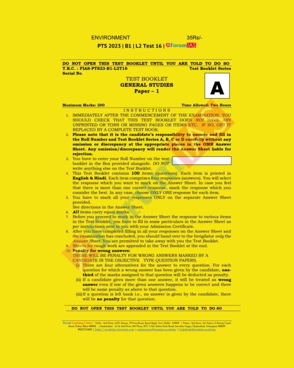 FORUM IAS 2023 BATCH-1 L2 TEST-16 (ENVIRONMENT 2-BIODIVERSITY CLIMATE CHANGE DISASTER MANAGEMENT) GENERAL STUDIES PAPER 1 (BLACK & WHITE)