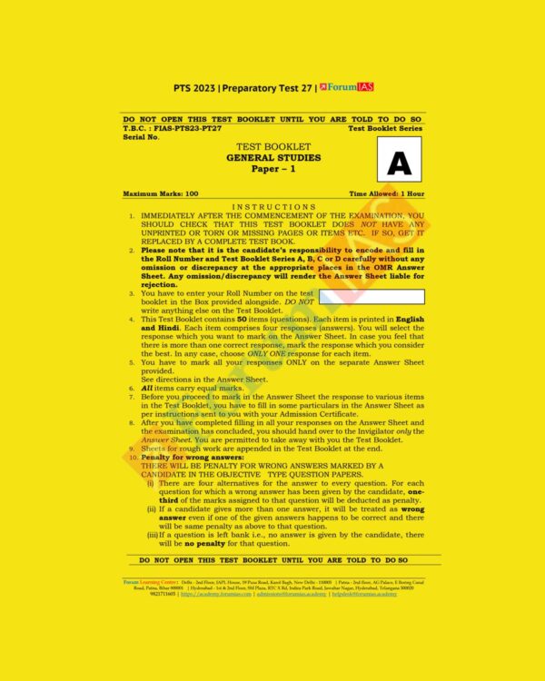 FORUM IAS 2023 BATCH1 PREPARATORY TEST-27 (ART & CULTURE) GS PAPER 1 (BLACK & WHITE)