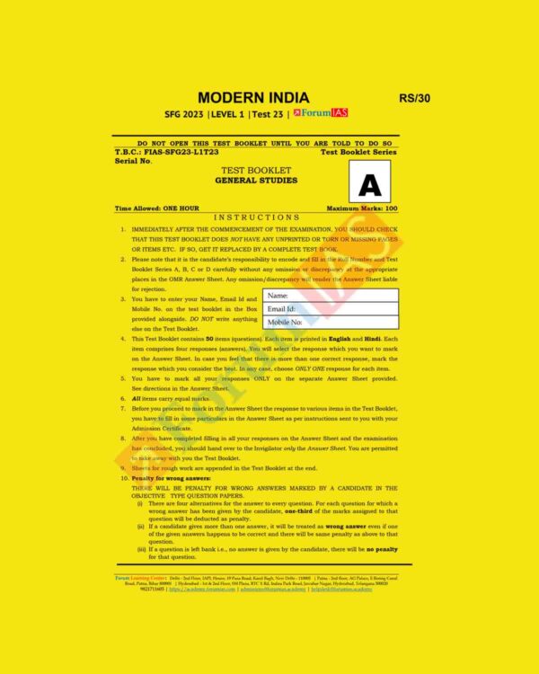 FORUM IAS 2023 SFG LEVEL-1 TEST-23 (MODERN HISTORY) GS (BLACK & WHITE)