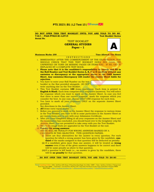 FORUM IAS PTS 2023 BATCH1 L2TEST-15 (ENVIRONMENT-I &ECOLOGY AND ENVIRONMENT POLLUTION AND ASSOCIATED ISSUES GOVERNMENT INITIATIVES) GENERAL STUDIES PAPER 1 (BLACK & WHITE)