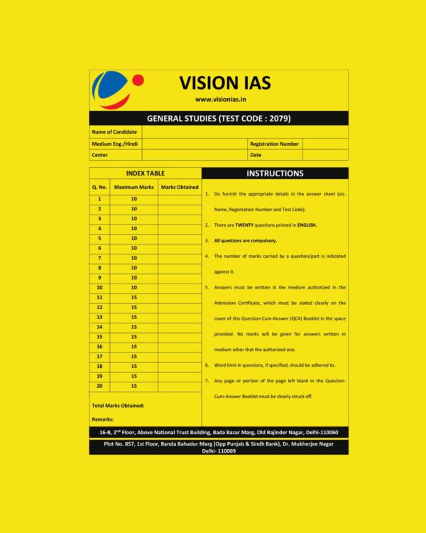 VISION IAS 2023 GENERAL STUDIES QCA TEST CODE-2079 (QUESTION CUM-ANSWER BOOKLET) 2023 (BLACK & WHITE)