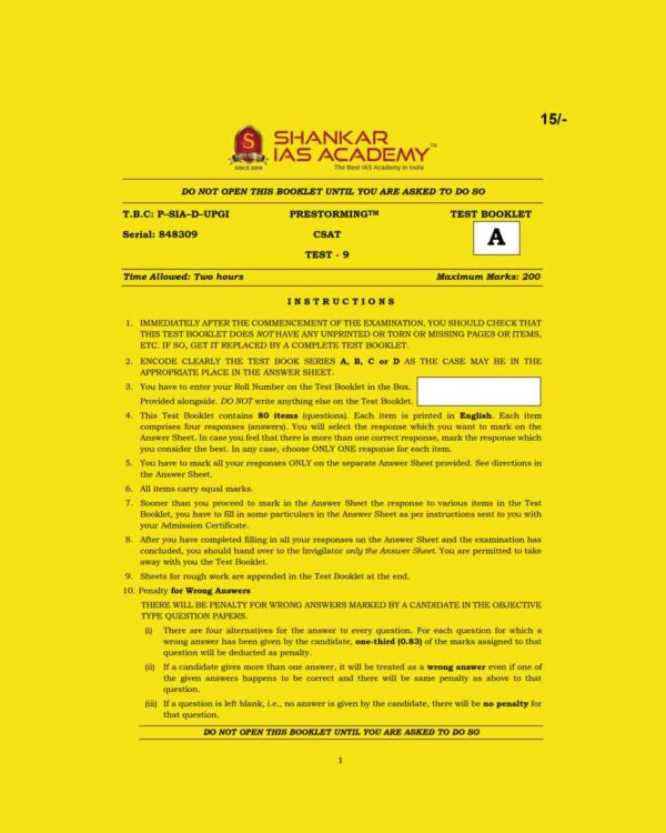 SHANKAR IAS 2023 CSAT TEST SERIES TEST-9 (BLACK & WHITE)