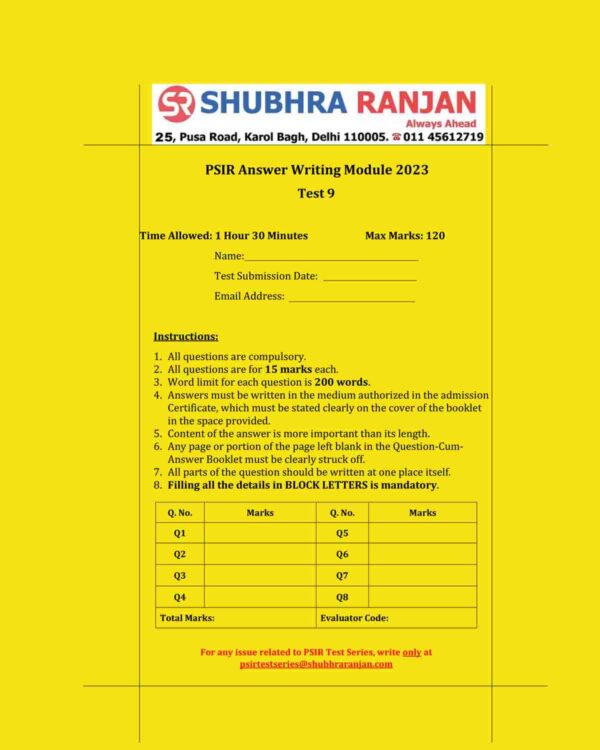 SHUBHRA RANJAN 2023 QCA TEST-9 POLITICAL SCIENCE (PSIR ANSWERS WRITING MODULE 2023) (QUESTION-CUM-ANSWER) (BLACK & WHITE)