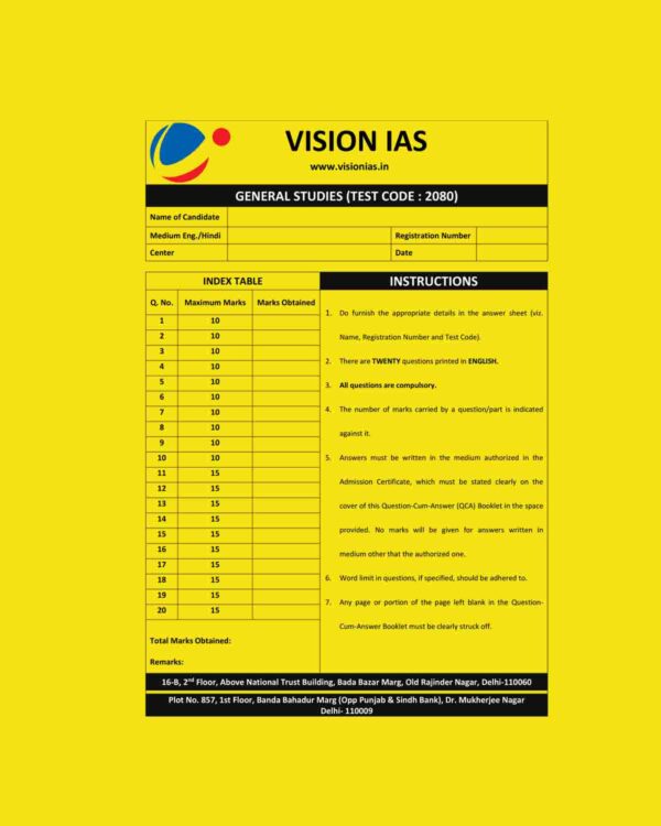 VISION IAS2023 QCA TEST-2080 (QUESTION CUM-ANSWER BOOKLET) 2023 GS (BLACK & WHITE)