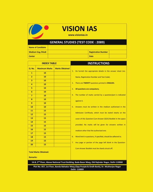 VISION IAS 2023 QUESTION CUM-ANSWER BOOKLET TEST CODE-2089 2023 (BLACK & WHITE)