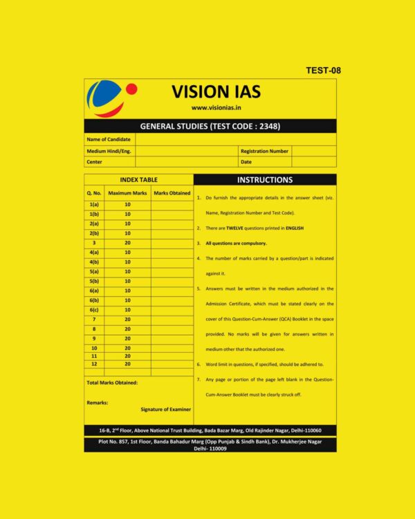 VISION IAS 2024 QUESTION CUM ANSWER BOOKLETS TEST-8 (2348) 2024 ANSWERS BOOKLET (BLACK & WHITE)