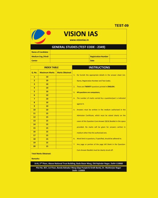 VISION IAS 2024 QUESTION CUM ANSWER BOOKLETS TEST-9 (2349) 2024 ANSWERS BOOKLET (BLACK & WHITE)