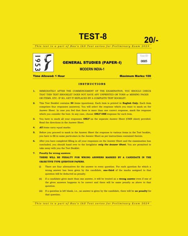 RAU’S IAS 2024 TEST-08 (MODERN INDIA-I) ENGLISH MEDIUM (BLACK & WHITE)
