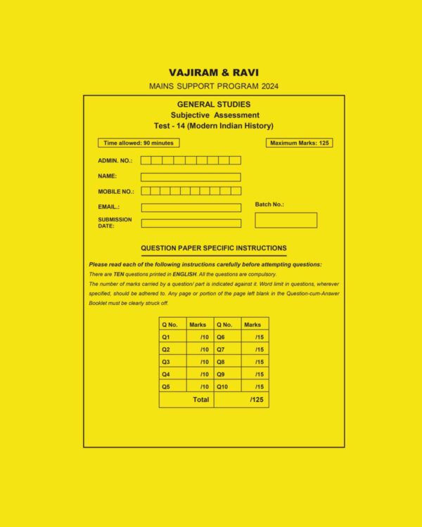 VAJIRAM AND RAVI 2024-MSP QUESTION CUM ANSWER BOOKLETS MSP TEST-14 2024 FINAL {MODERN INDIAN HISTORY} {ENGLISH} {BLACK AND WHITE}