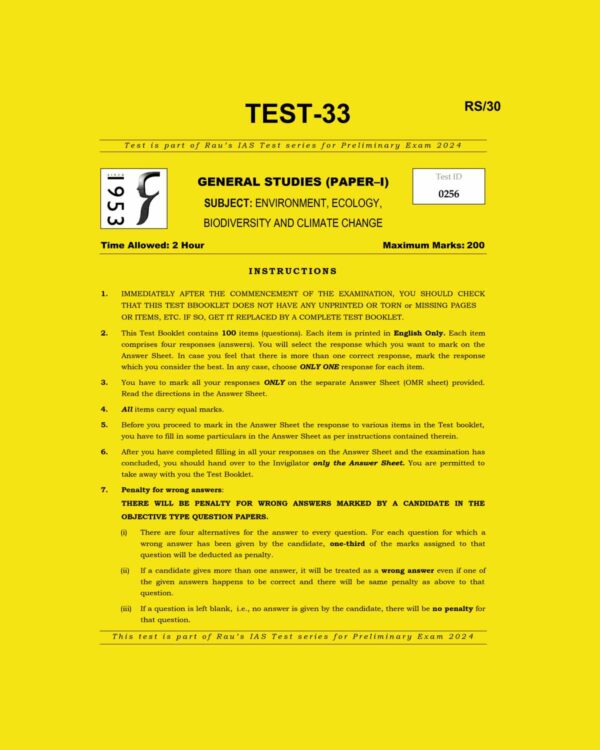 RAUS IAS 2024 TEST-33 2024-ENVIRONMENT ECOLOGY, BIODIVERSITY, AND CLIMATE CHANGE {QUESTIONS AND SULUTION} ENGLISH {BLACK AND WHITE}