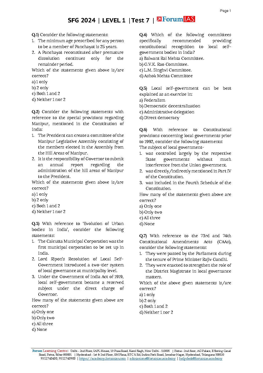 FORUMIAS 2024 SFG LEVEL1 TEST7 TO 9 2024 FINAL {POLITY} ENGLISH