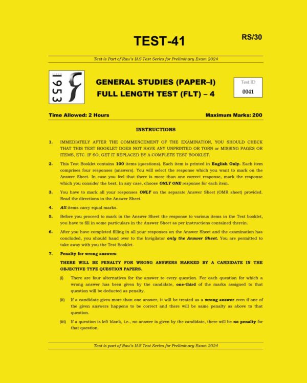RAUS IAS 2024 TEST-41 2024-FULL LENGTH TEST-4 FINAL {ENGLISH} {BLACK AND WHITE}