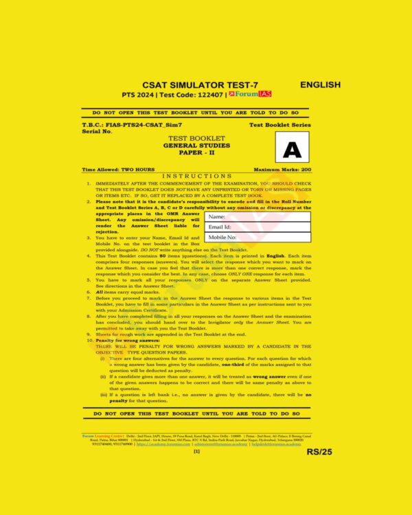FORUM IAS 2024 CSAT SIMULATOR TEST-7 2024 FINAL {ENGLISH} {BLACK AND WHITE}