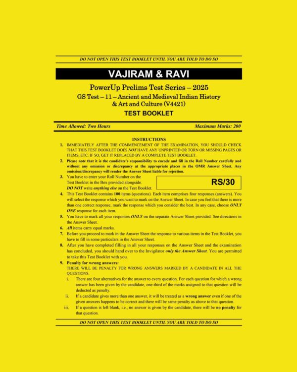 VAJIRAM& RAVI 2025 TEST-11 ANCIENT, MEDIEVAL & ART AND CULTURE (V4421)2025 FINAL (ENGLISH) {BLACK AND WHITE}