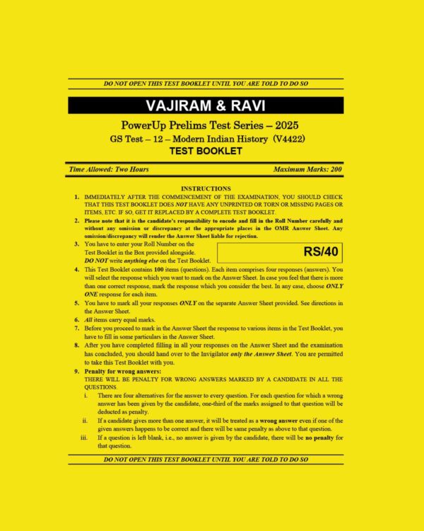 VAJIRAM& RAVI 2025 TEST-12 MODERN INDIAN HISTORY (V4422) 2025 FINAL (ENGLISH) {BLACK AND WHITE}
