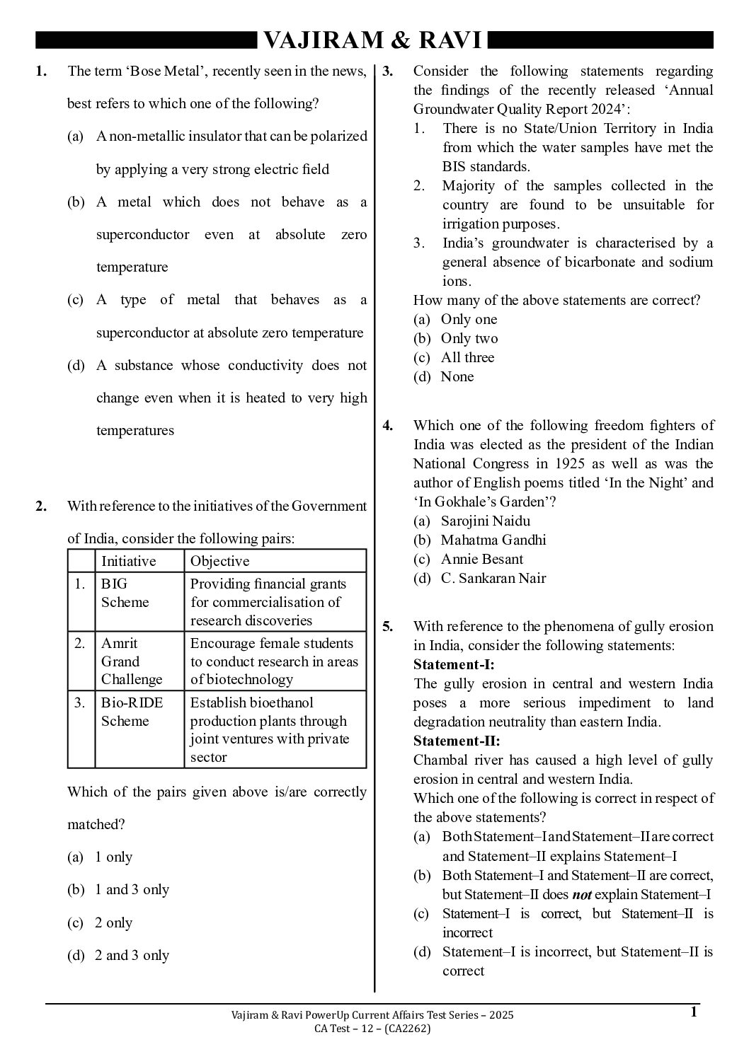 VAJIRAM RAVI 2025 CURRENT AFFAIRS TEST 12 CA 2262 2025 FINAL 